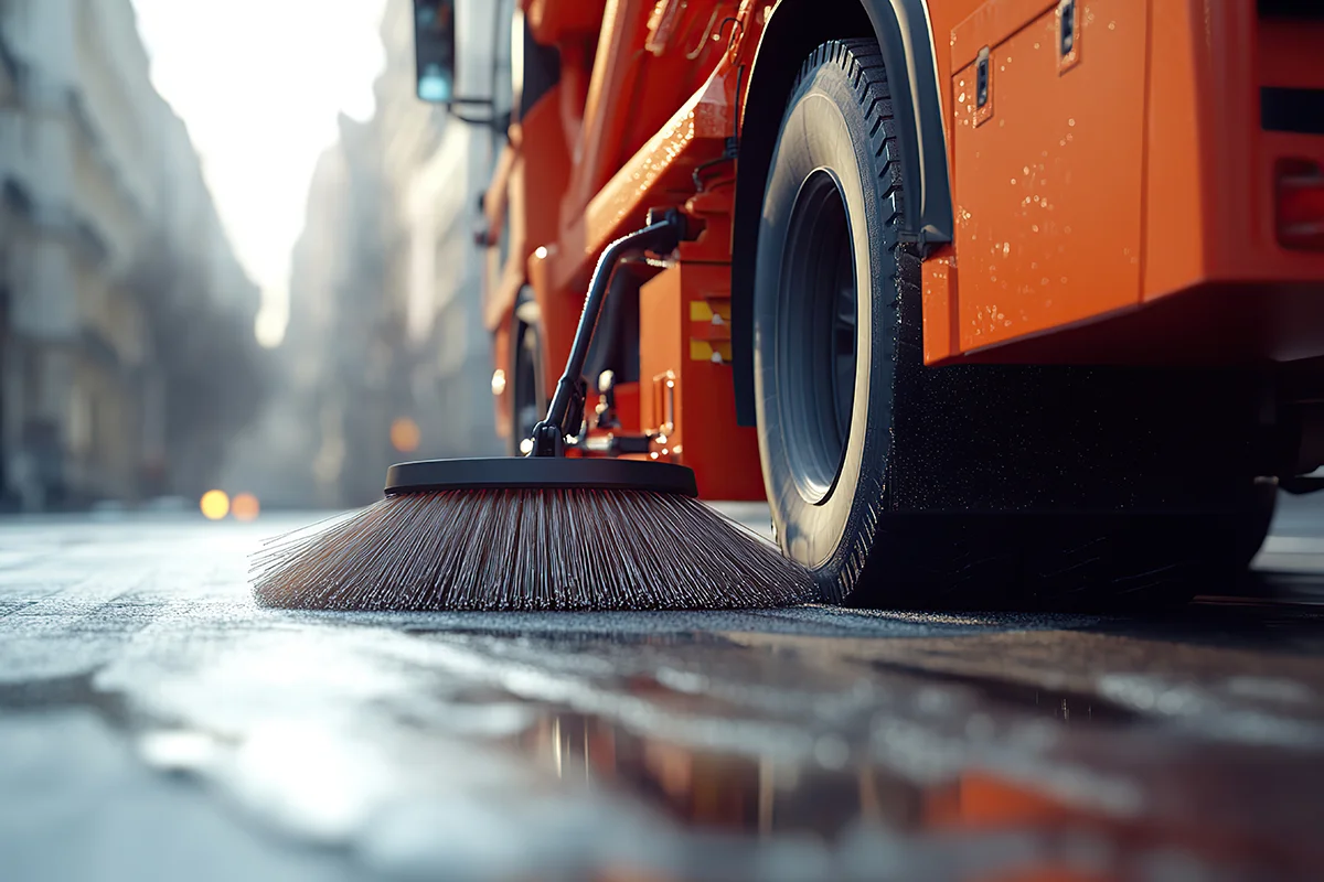 eures-kehrmaschine Eures • Straßenreinigungsmaschine kehrt nassen Asphalt bei Sonnenlicht.