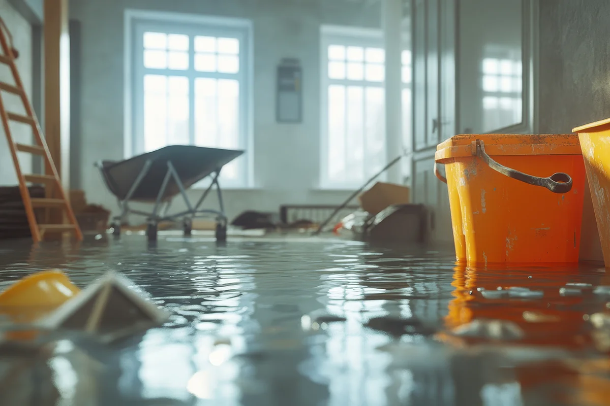 Eures • Überschwemmter Raum mit orangefarbenem Eimer und Möbeln.