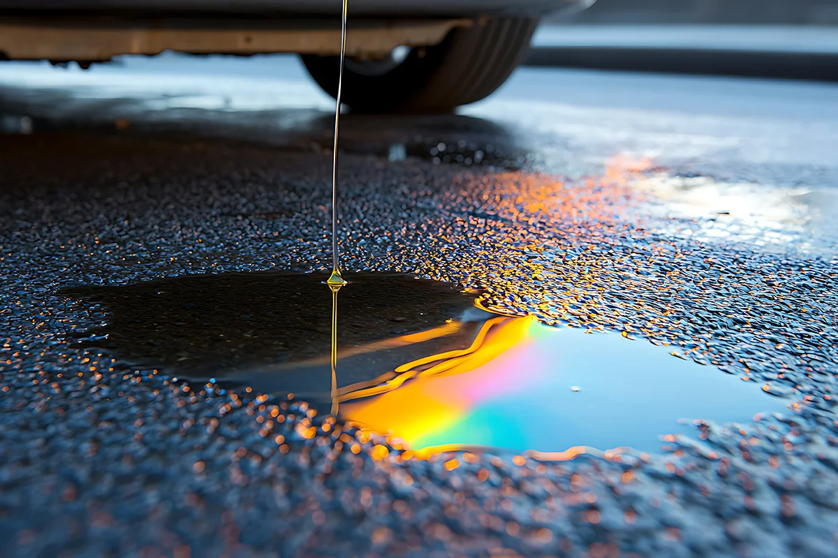 Eures • Öl tropft unter einem geparkten Auto auf Asphalt.
