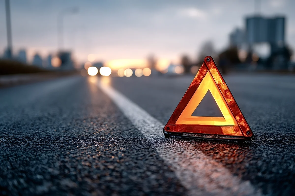 Eures • Pannendreieck auf Straße bei Dämmerung, Warnung vor Gefahr.