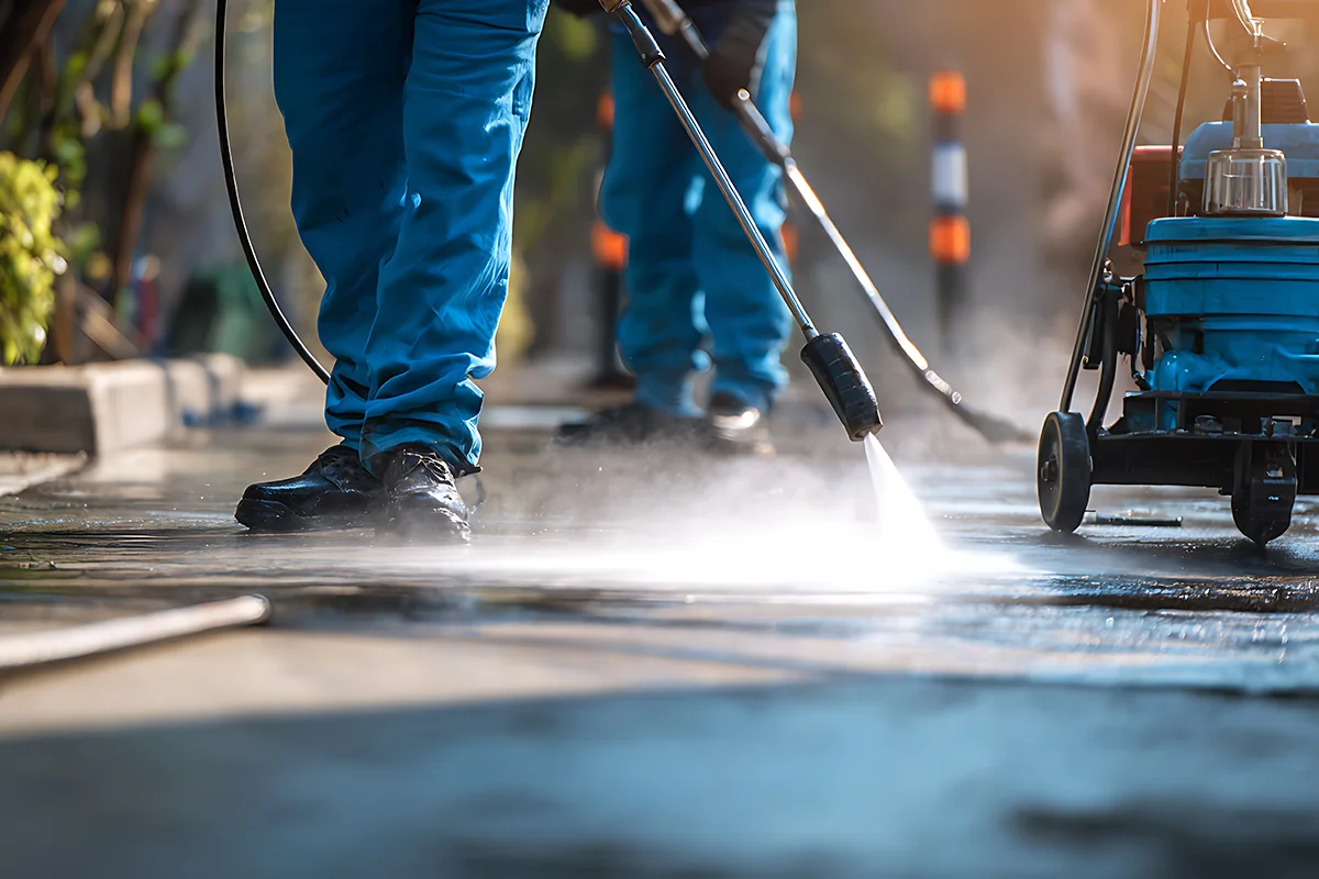 Eures • Mitarbeiter reinigt Boden mit Hochdruckreiniger im Freien.