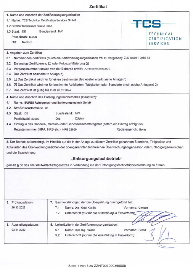 Eures • Zertifikat der TCS Technical Certification Services GmbH für Entsorgungsfachbetrieb.