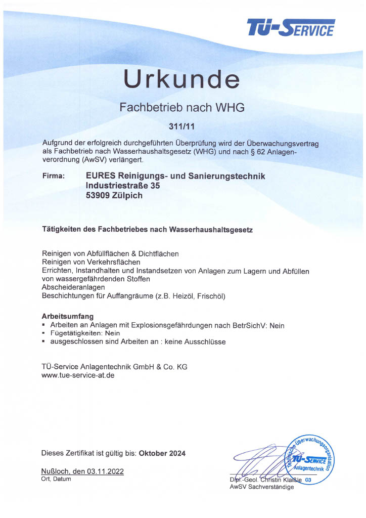 Eures • Zertifikat EURES Reinigungstechnik nach WHG, gültig bis Oktober 2024.